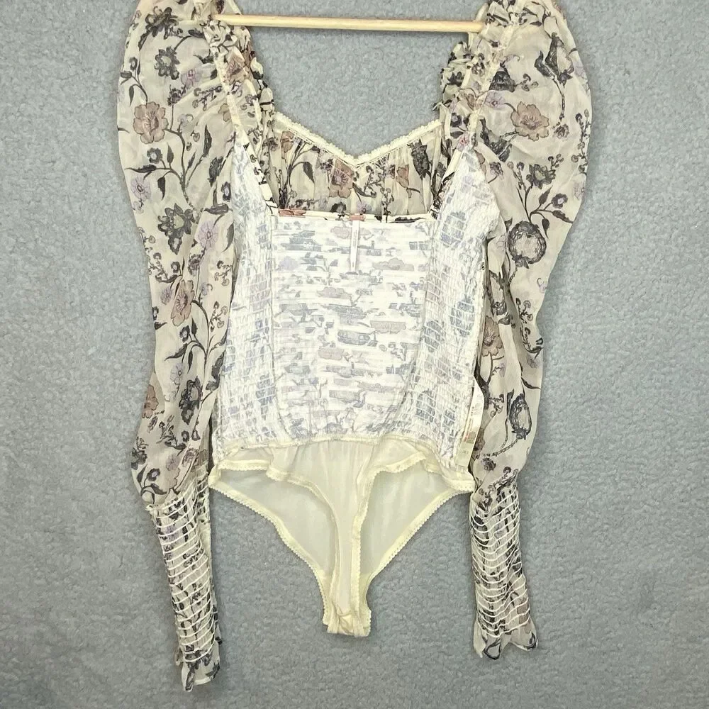 Free People Floral Milkmaid Coquette Bodysuit Ruched Ivory Sheer S